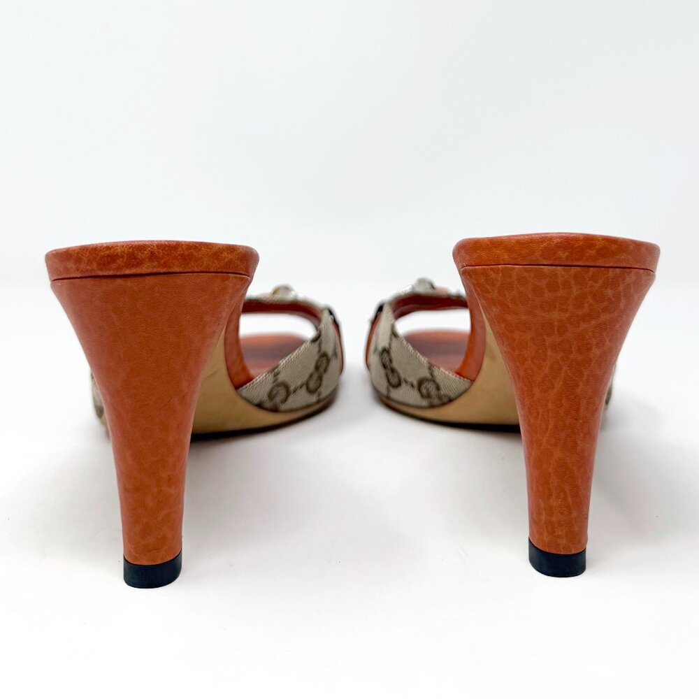 Gucci Horsebit Mules GG Canvas Leather Bamboo Heels Size 37 Italy - Picture 4 of 7